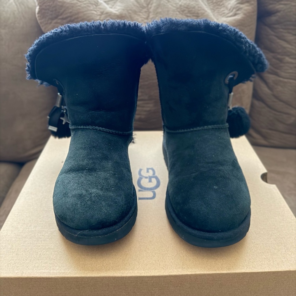 UGG Black Ankle Boots with Pom Poms